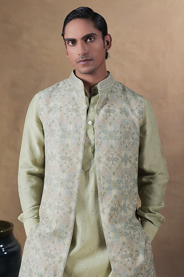 Green Pashmina Fabric Resham Embroidered Groom Indowestern Set by JORAH MEN at Pernia's Pop Up Shop
