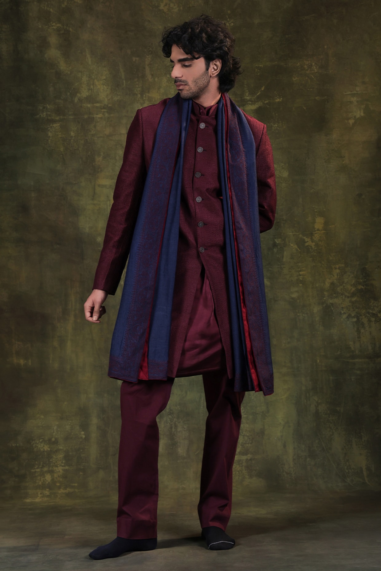 JORAH Deep Wine Dupion Silk Resham Embroidered Indowestern Set