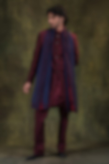 Deep Wine Dupion Silk Resham Embroidered Wedding Indowestern Set by JORAH MEN at Pernia's Pop Up Shop