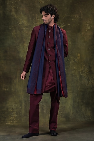 Deep Wine Dupion Silk Resham Embroidered Indowestern Set by JORAH MEN