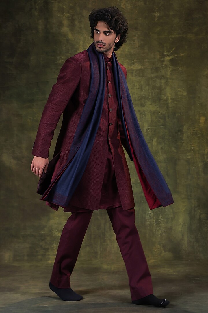 Deep Wine Dupion Silk Resham Embroidered Wedding Indowestern Set by JORAH MEN at Pernia's Pop Up Shop
