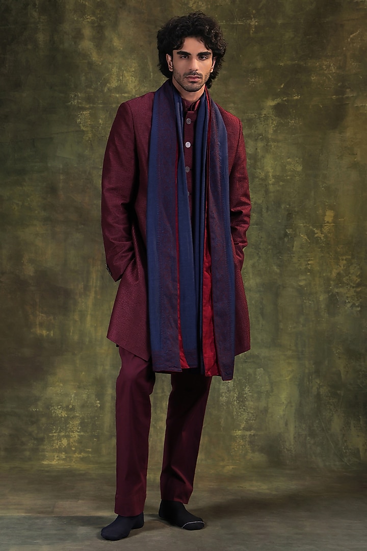 Deep Wine Dupion Silk Resham Embroidered Wedding Indowestern Set by JORAH MEN at Pernia's Pop Up Shop
