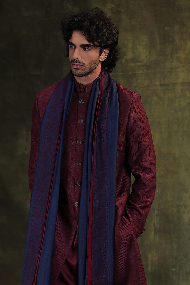 Deep Wine Dupion Silk Resham Embroidered Wedding Indowestern Set by JORAH MEN at Pernia's Pop Up Shop
