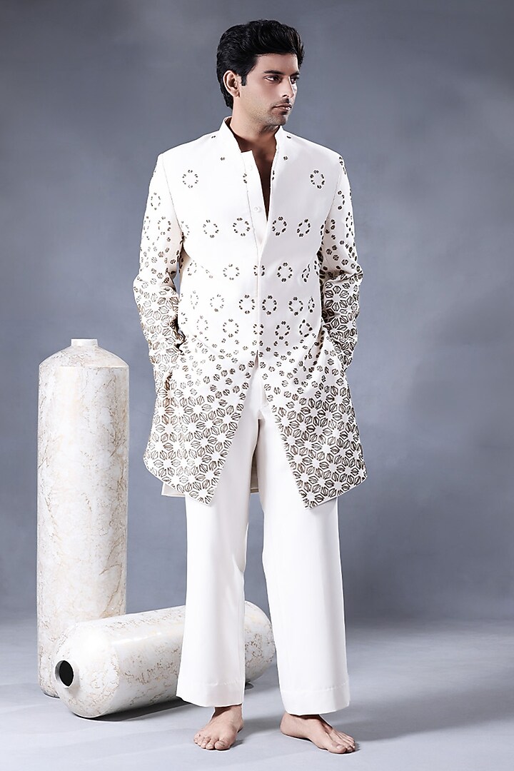 Ivory Twill Hand Embroidered Wedding Indowestern Set by JORAH MEN at Pernia's Pop Up Shop