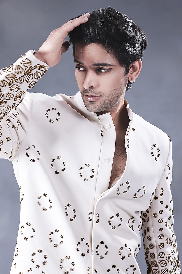 Ivory Twill Hand Embroidered Wedding Indowestern Set by JORAH MEN at Pernia's Pop Up Shop