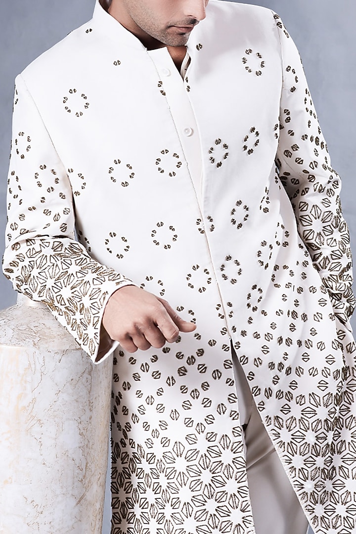 Ivory Twill Hand Embroidered Wedding Indowestern Set by JORAH MEN at Pernia's Pop Up Shop