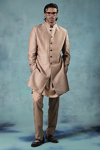 Beige Dupion Silk Thread Embroidered Indowestern Set by JORAH MEN