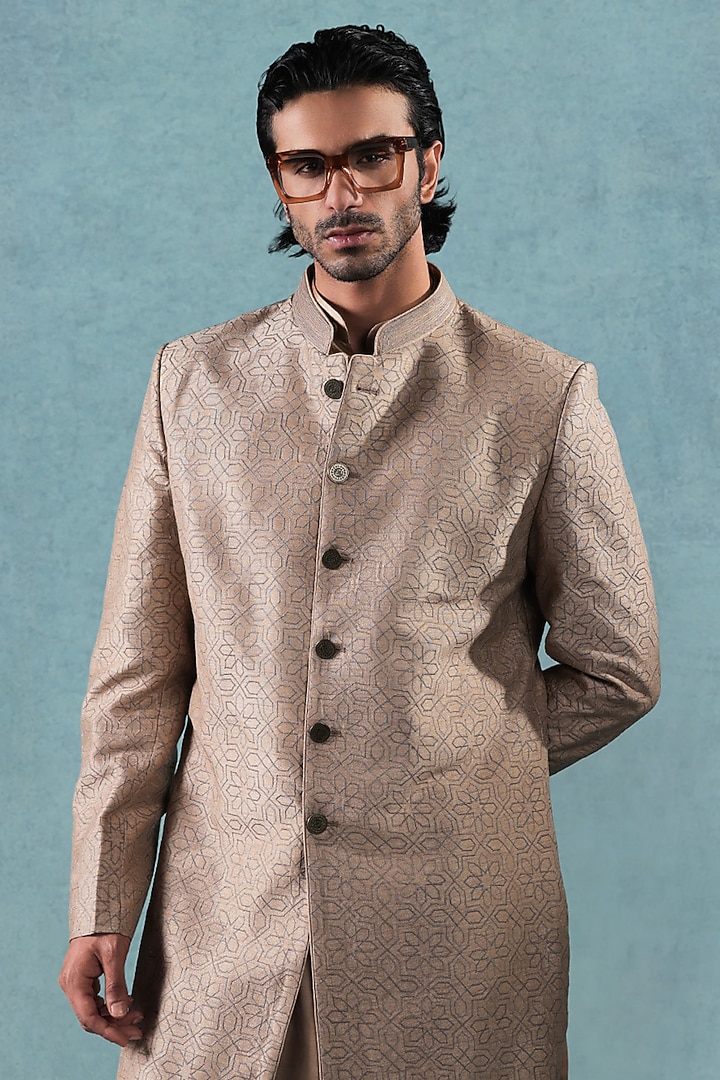 Beige Dupion Silk Thread Embroidered Wedding Indowestern Set by JORAH MEN at Pernia's Pop Up Shop