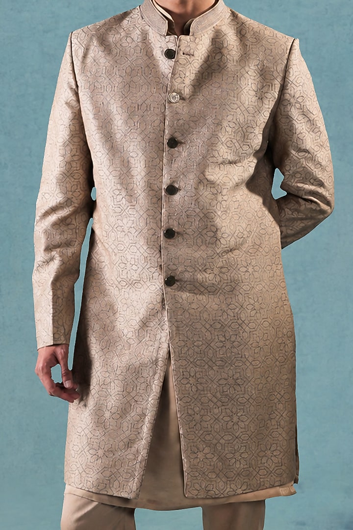 Beige Dupion Silk Thread Embroidered Wedding Indowestern Set by JORAH MEN at Pernia's Pop Up Shop
