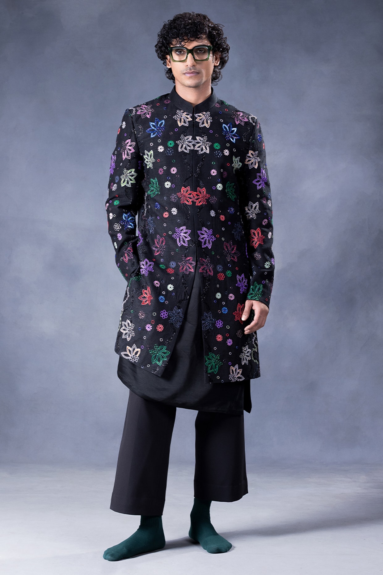 JORAH Black Dupion Silk Hand Embroidered Indowestern Set
