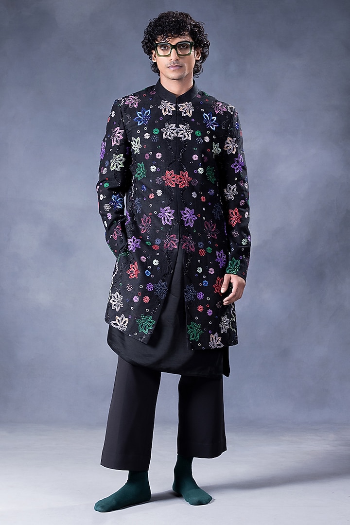 Black Dupion Silk Hand Embroidered Groom Indowestern Set by JORAH MEN at Pernia's Pop Up Shop
