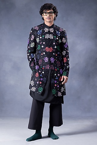 Black Dupion Silk Hand Embroidered Indowestern Set by JORAH MEN