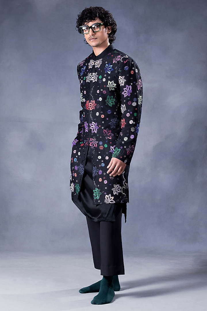 Black Dupion Silk Hand Embroidered Groom Indowestern Set by JORAH MEN at Pernia's Pop Up Shop