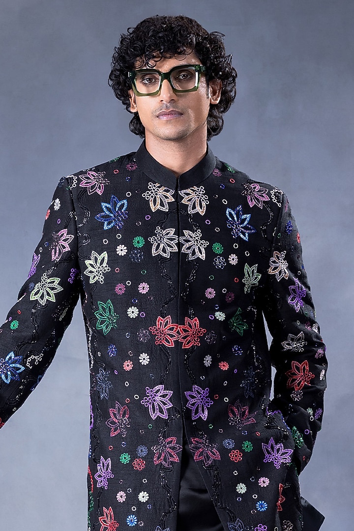 Black Dupion Silk Hand Embroidered Groom Indowestern Set by JORAH MEN at Pernia's Pop Up Shop