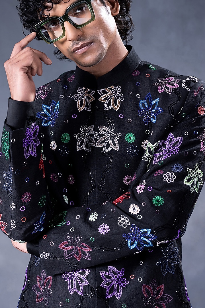 Black Dupion Silk Hand Embroidered Groom Indowestern Set by JORAH MEN at Pernia's Pop Up Shop