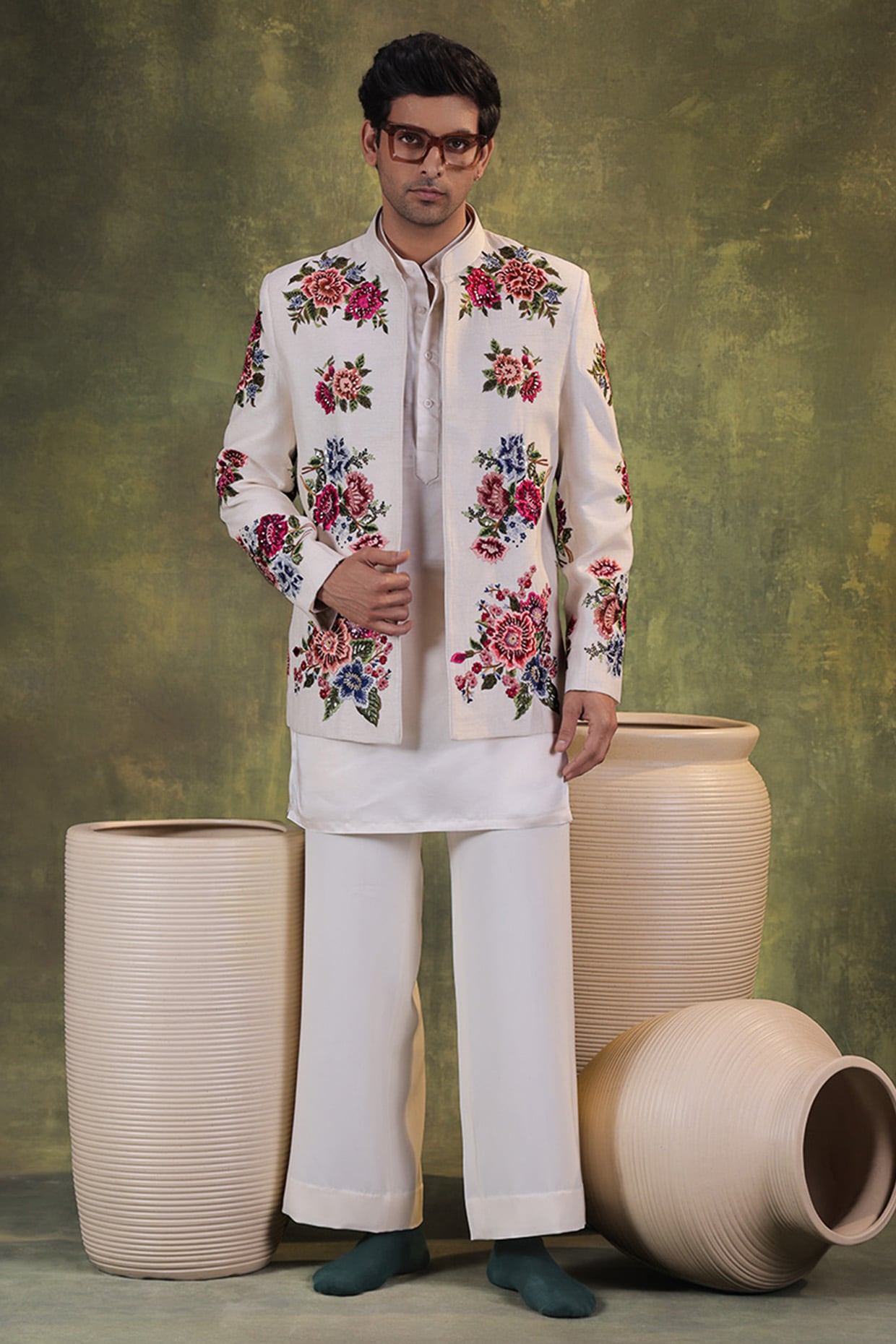 JORAH Ivory Dupion Silk Floral Embroidered Short Bandhgala Set