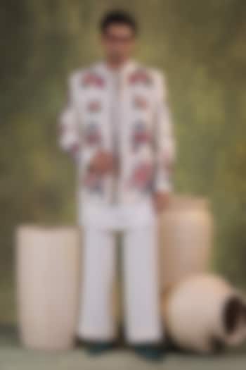 Ivory Dupion Silk Floral Embroidered Short Wedding Bandhgala Set by JORAH MEN at Pernia's Pop Up Shop