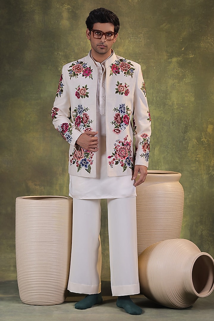 Ivory Dupion Silk Floral Embroidered Short Wedding Bandhgala Set by JORAH MEN at Pernia's Pop Up Shop