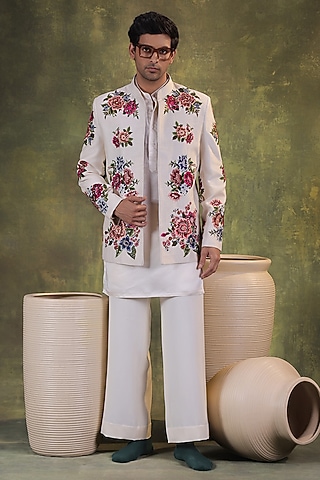 Ivory Dupion Silk Floral Embroidered Short Bandhgala Set by JORAH MEN