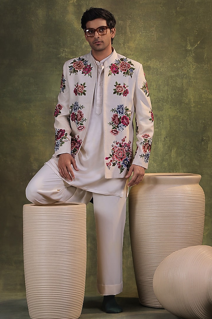Ivory Dupion Silk Floral Embroidered Short Wedding Bandhgala Set by JORAH MEN at Pernia's Pop Up Shop