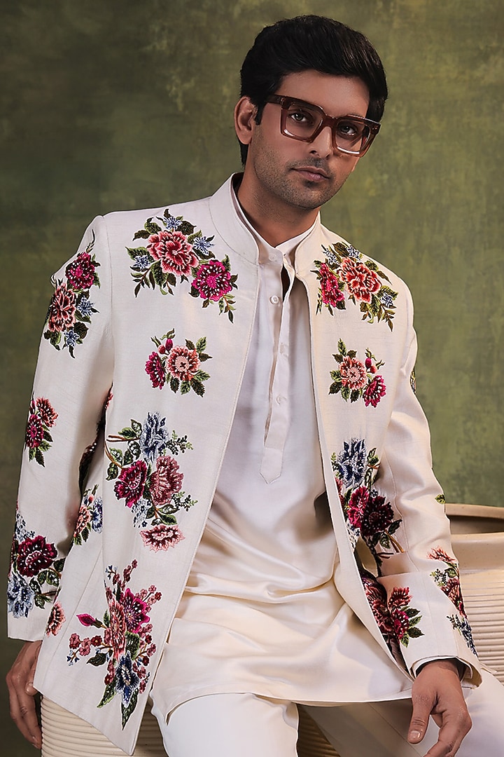 Ivory Dupion Silk Floral Embroidered Short Wedding Bandhgala Set by JORAH MEN at Pernia's Pop Up Shop