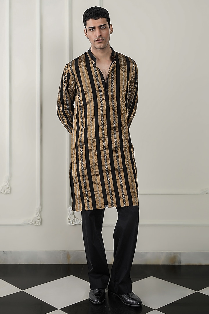 Black-Golden Silk Tissue Zardosi Embroidered Kurta Set by JORAH MEN at Pernia's Pop Up Shop
