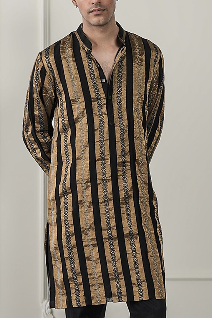 Black-Golden Silk Tissue Zardosi Embroidered Kurta Set by JORAH MEN at Pernia's Pop Up Shop