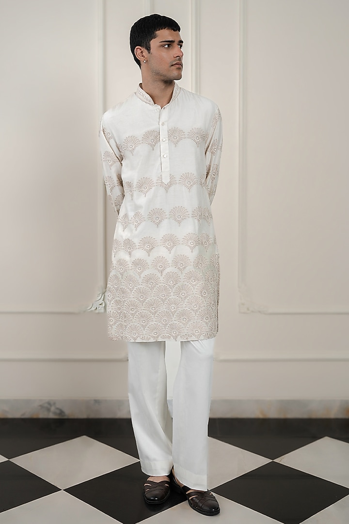 Ivory Chanderi Silk Floral Embroidered Kurta Set by JORAH MEN at Pernia's Pop Up Shop