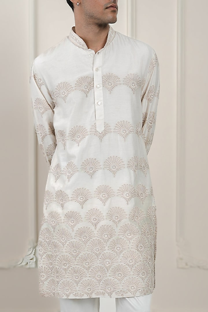 Ivory Chanderi Silk Floral Embroidered Kurta Set by JORAH MEN at Pernia's Pop Up Shop