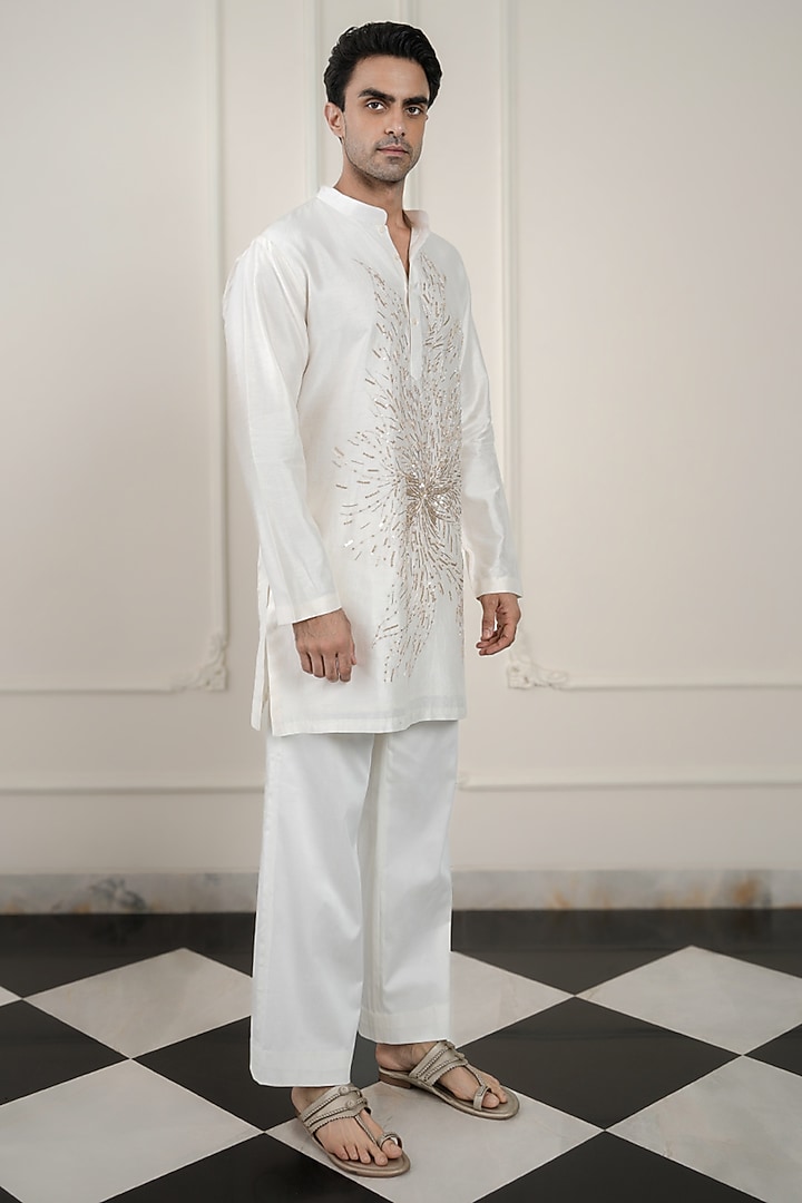 Ivory Chanderi Silk Resham Embroidered Kurta Set by JORAH MEN at Pernia's Pop Up Shop