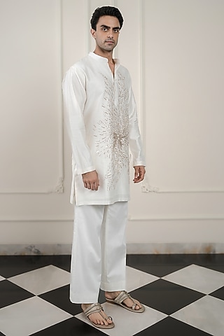 Ivory Chanderi Silk Resham Embroidered Kurta Set by jorah men