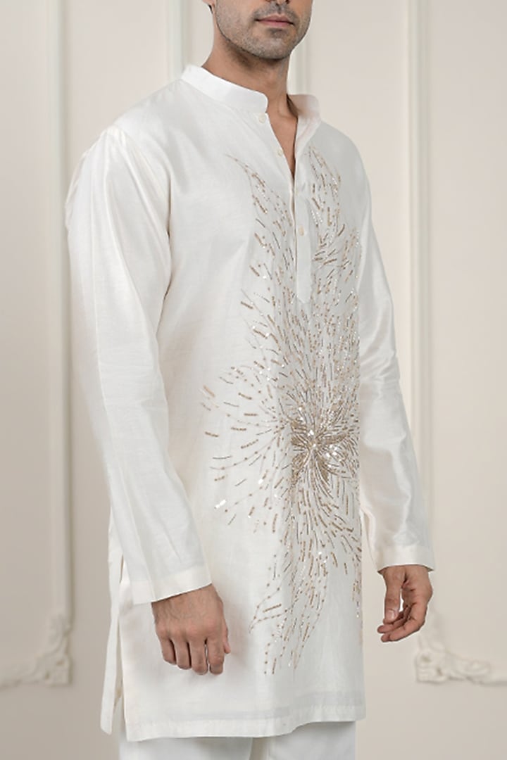 Ivory Chanderi Silk Resham Embroidered Kurta Set by JORAH MEN at Pernia's Pop Up Shop