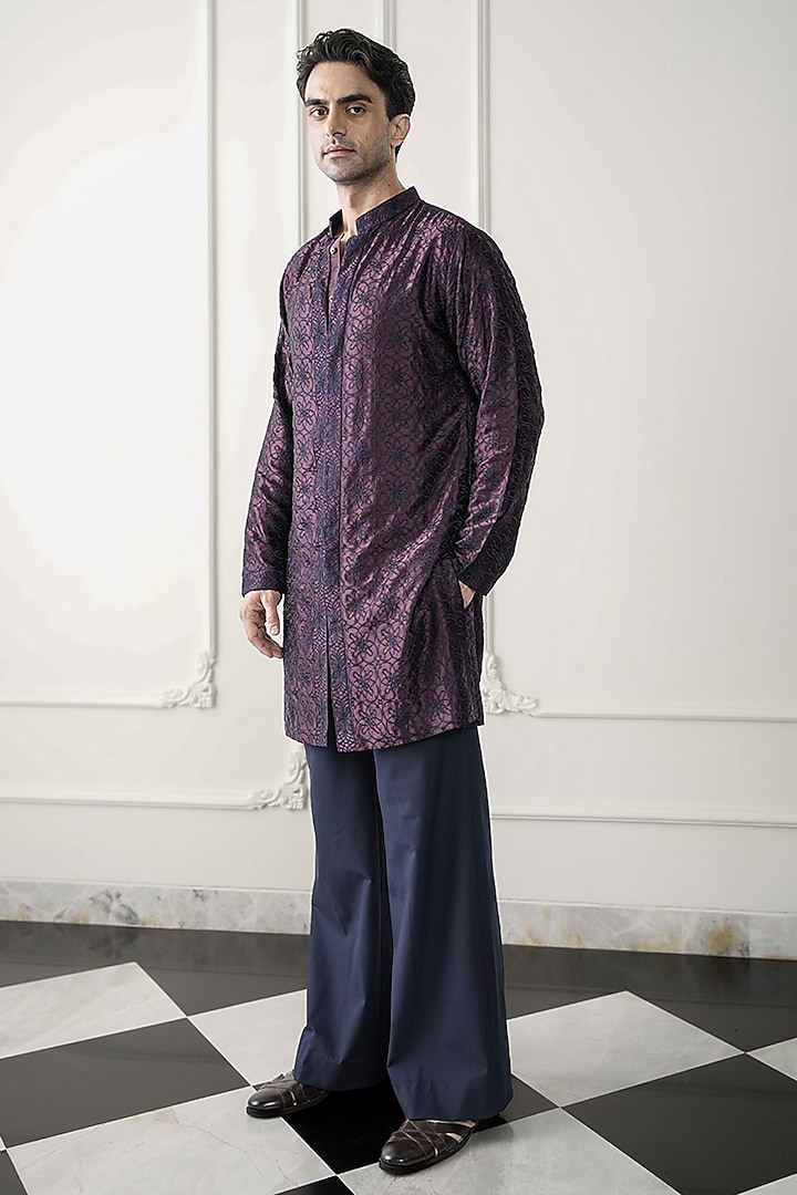 Burgundy Satin Silk & Stretch Cotton Embroidered Kurta Set by JORAH MEN at Pernia's Pop Up Shop