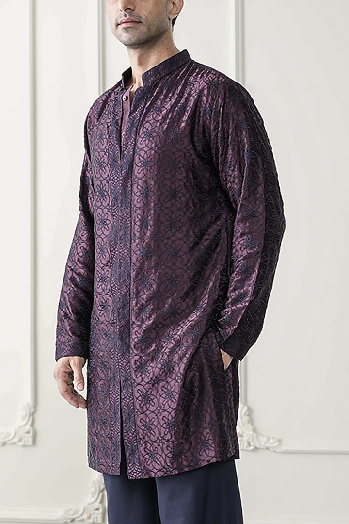 Burgundy Satin Silk & Stretch Cotton Embroidered Kurta Set by JORAH MEN at Pernia's Pop Up Shop