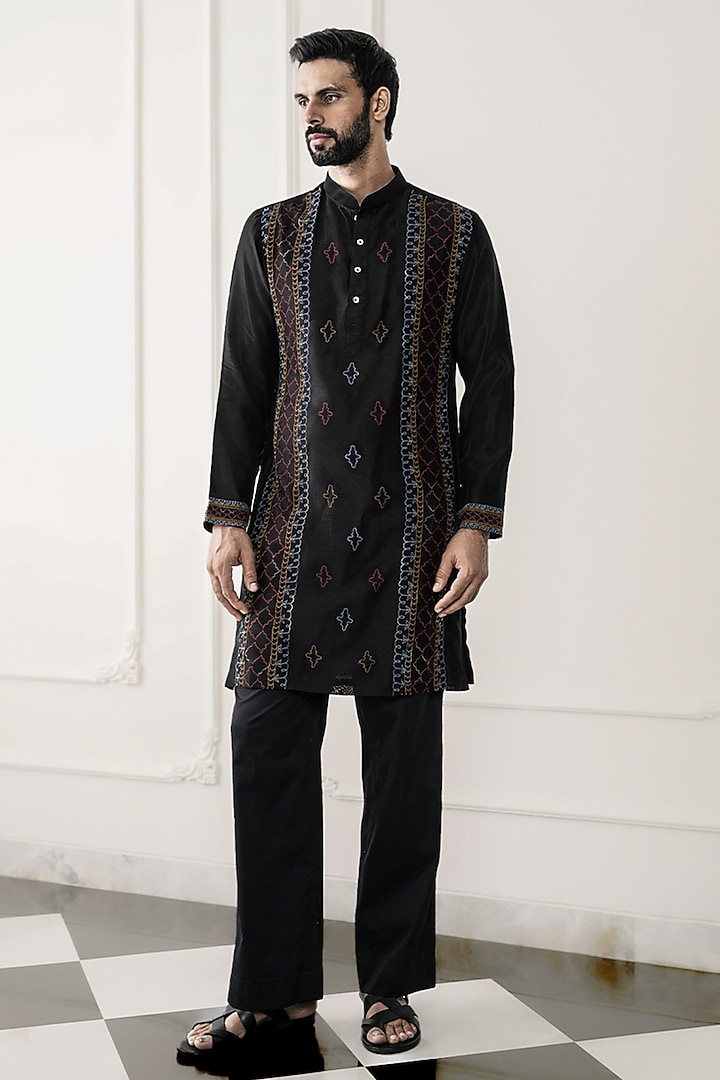 Black Chanderi Silk & Cotton Satin Lycra Embroidered Kurta Set by JORAH MEN at Pernia's Pop Up Shop