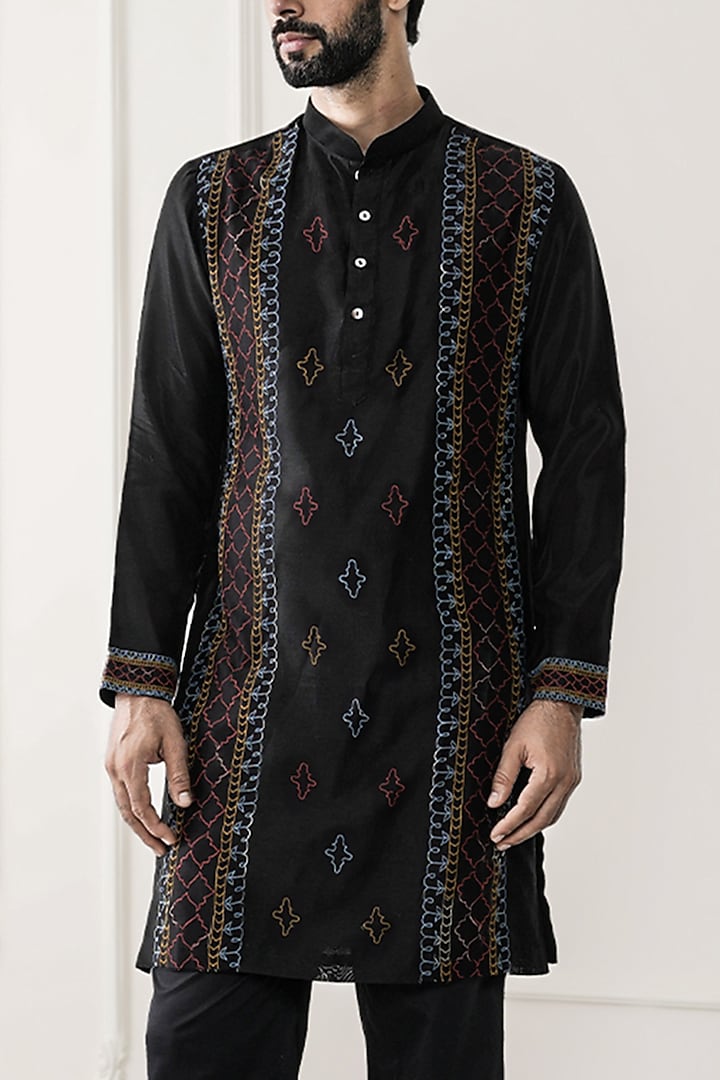 Black Chanderi Silk & Cotton Satin Lycra Embroidered Kurta Set by JORAH MEN at Pernia's Pop Up Shop