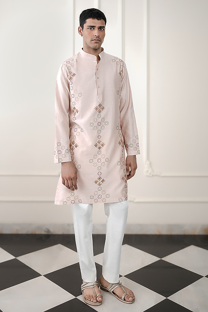 Pink Chanderi Silk & Cotton Satin Lycra Embroidered Kurta Set by JORAH MEN at Pernia's Pop Up Shop