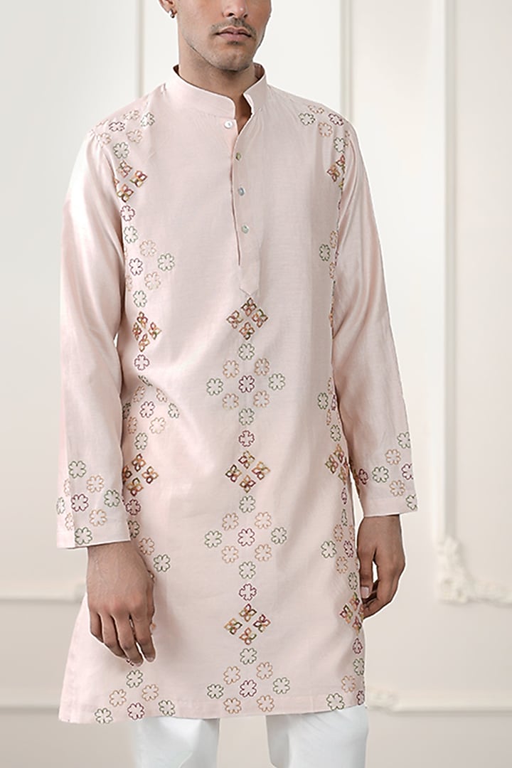 Pink Chanderi Silk & Cotton Satin Lycra Embroidered Kurta Set by JORAH MEN at Pernia's Pop Up Shop