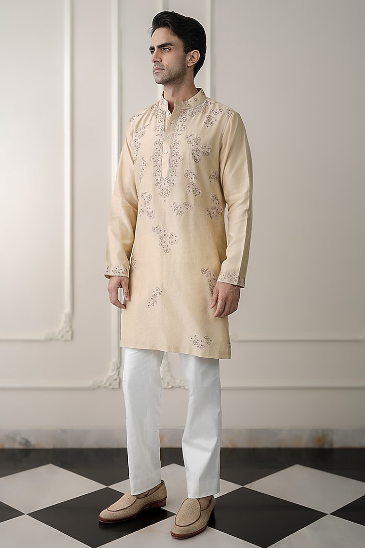 Green Chanderi Silk & Cotton Satin Lycra Resham Embroidered Kurta Set by JORAH MEN at Pernia's Pop Up Shop