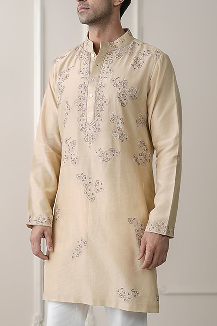 Green Chanderi Silk & Cotton Satin Lycra Resham Embroidered Kurta Set by JORAH MEN at Pernia's Pop Up Shop