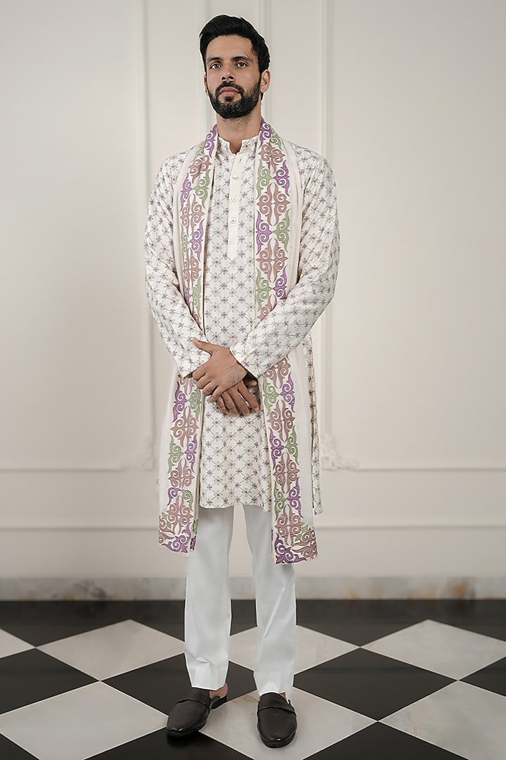 Ivory Chanderi Silk & Cotton Satin Lycra Embroidered Kurta Set by JORAH MEN at Pernia's Pop Up Shop