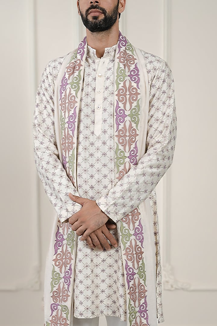 Ivory Chanderi Silk & Cotton Satin Lycra Embroidered Kurta Set by JORAH MEN at Pernia's Pop Up Shop