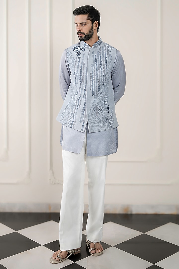Powder Blue Cotton Silk Satin & Dupion Silk Embroidered Nehru Jacket Set by JORAH MEN at Pernia's Pop Up Shop