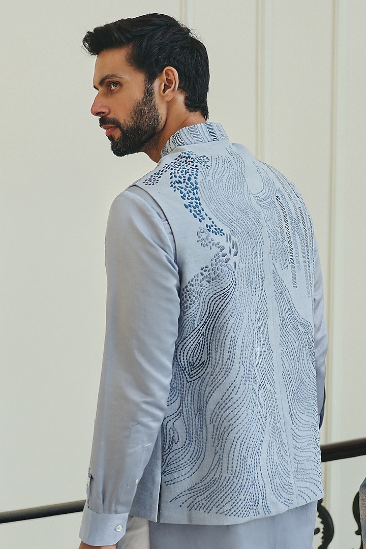 Powder Blue Cotton Silk Satin & Dupion Silk Embroidered Nehru Jacket Set by JORAH MEN at Pernia's Pop Up Shop