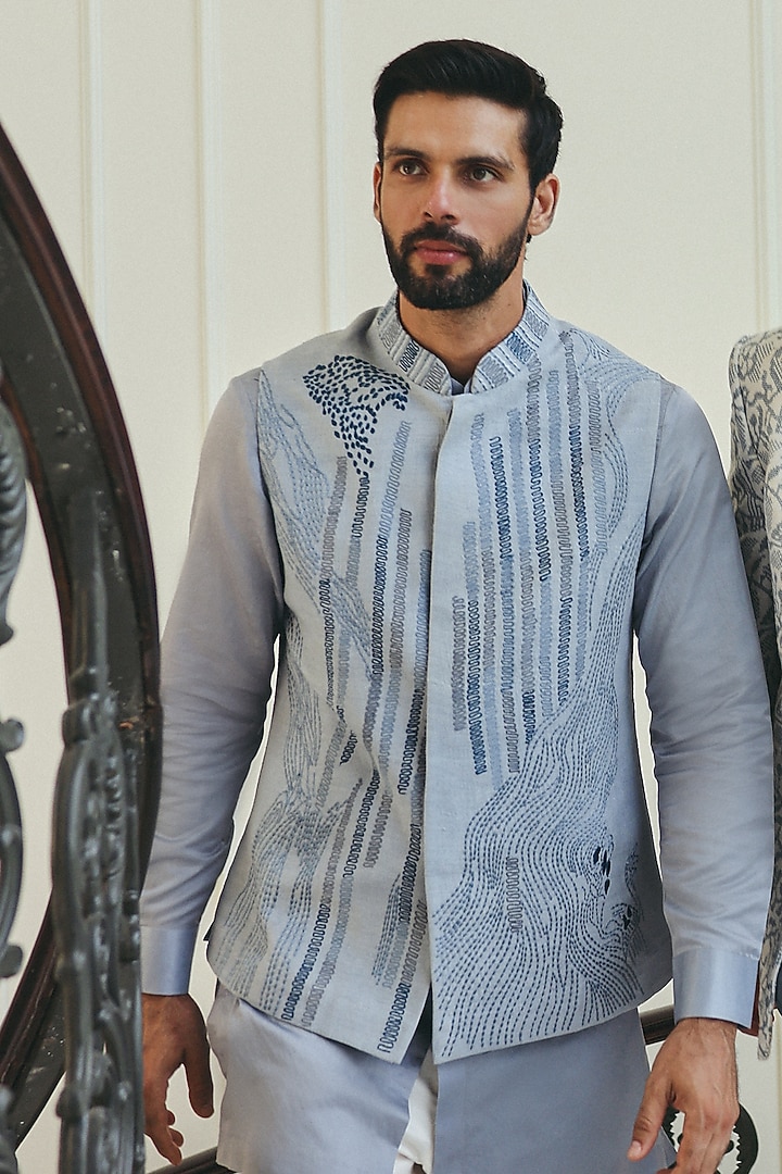 Powder Blue Cotton Silk Satin & Dupion Silk Embroidered Nehru Jacket Set by JORAH MEN at Pernia's Pop Up Shop