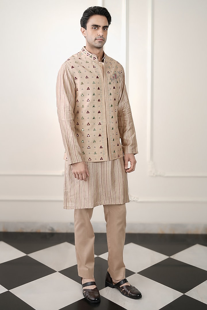 Light Beige Cotton Silk Satin & Dupion Silk Mirror Embroidered Nehru Jacket Set by JORAH MEN at Pernia's Pop Up Shop