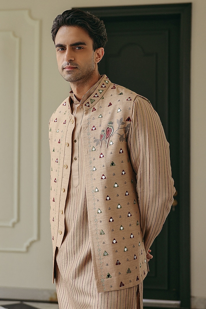 Light Beige Cotton Silk Satin & Dupion Silk Mirror Embroidered Nehru Jacket Set by JORAH MEN at Pernia's Pop Up Shop