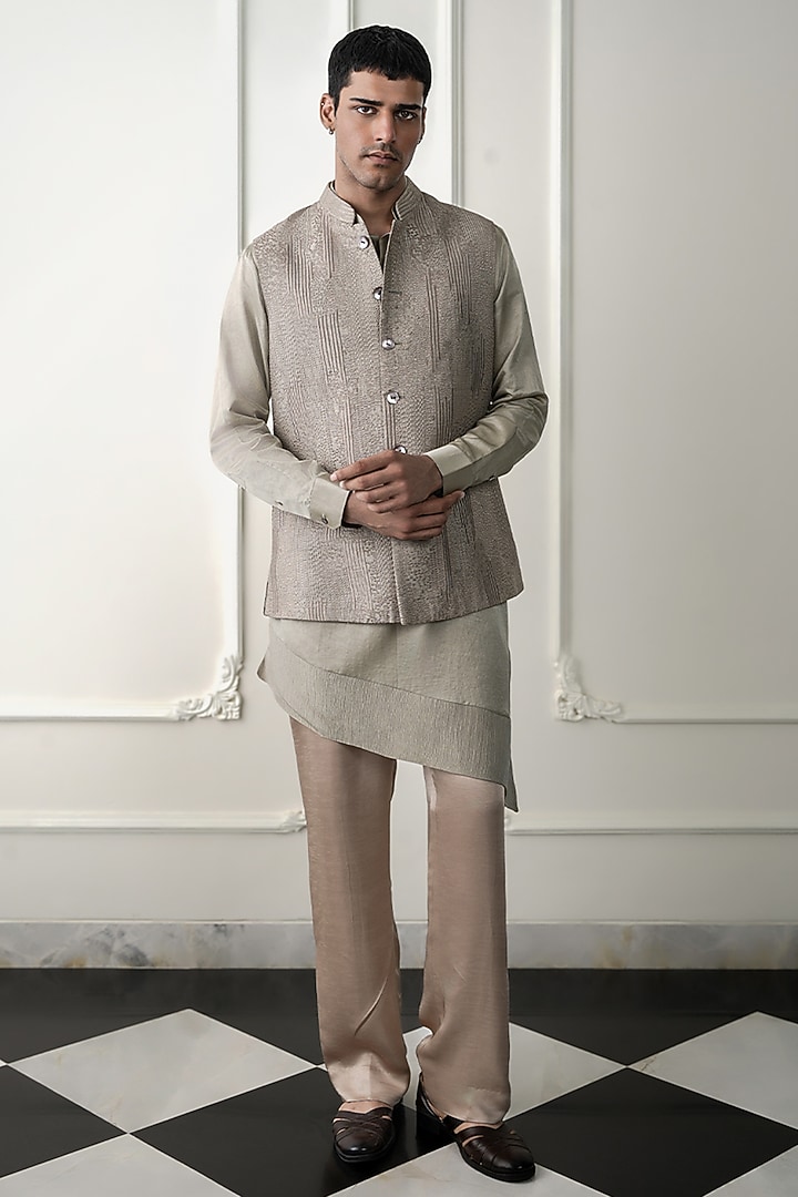 Sage Green Cotton Silk Satin & Dupion Silk Embroidered Nehru Jacket Set by JORAH MEN at Pernia's Pop Up Shop