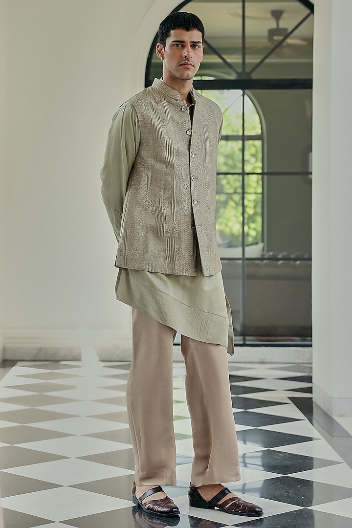 Sage Green Cotton Silk Satin & Dupion Silk Embroidered Nehru Jacket Set by JORAH MEN at Pernia's Pop Up Shop
