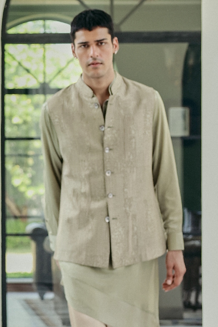 Sage Green Cotton Silk Satin & Dupion Silk Embroidered Nehru Jacket Set by JORAH MEN at Pernia's Pop Up Shop